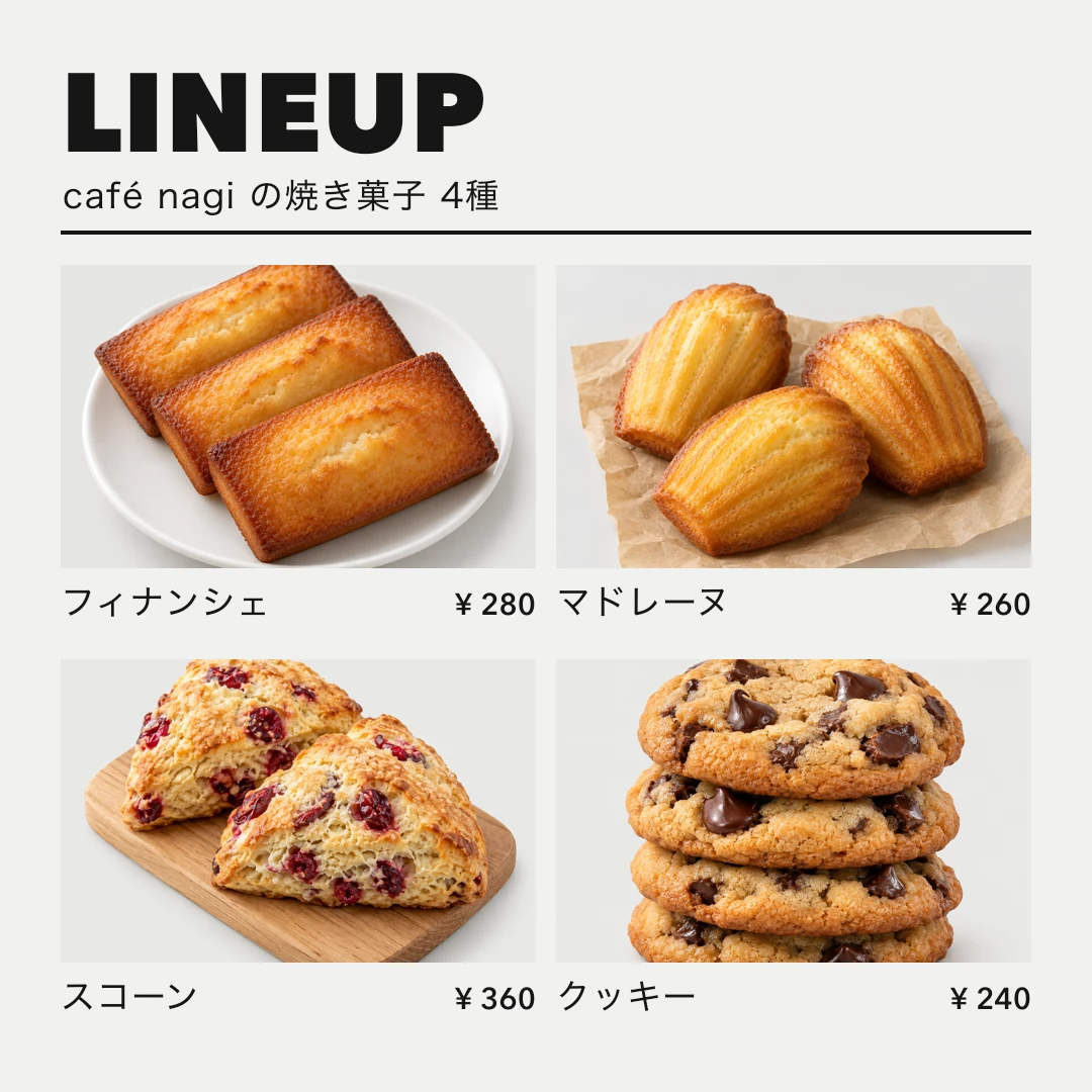 焼き菓子4種の商品ラインナップ。商品写真を2列2段に並べ、名前と価格を添えたカタログ風のバナー